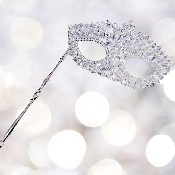 Silver masquerade mask, Clear Crystal Mask, Masquerade Wedding mask, Stick Mask - Picture 1 of 9